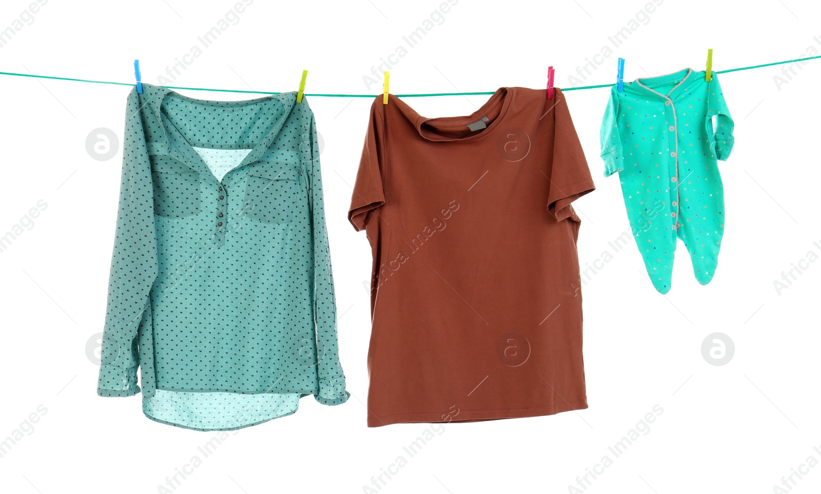 Photo of Clothes on laundry line against white background