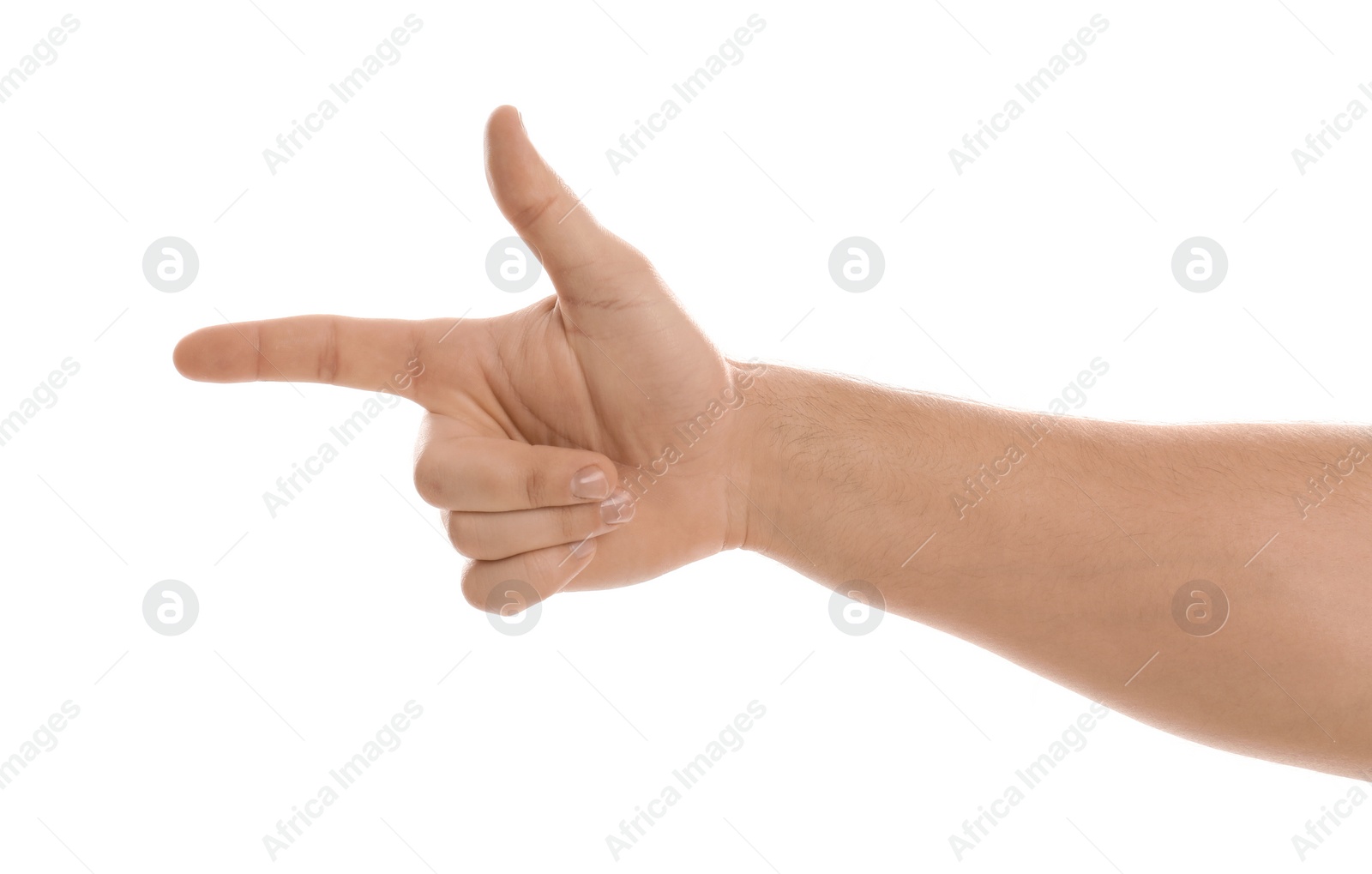 Photo of Man making frame with his hand on white background, closeup