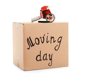 Photo of Moving box, marker and adhesive tape dispenser on white background