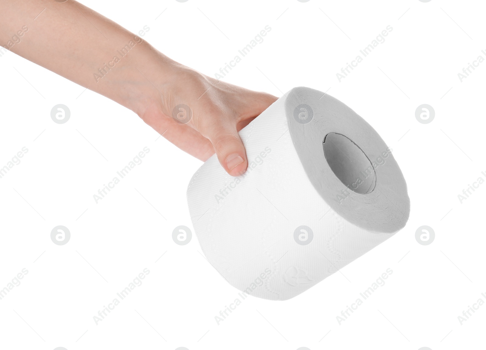 Photo of Woman holding toilet paper roll on white background. Personal hygiene