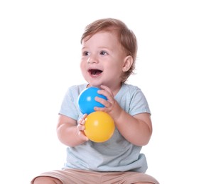 Photo of Cute little boy with colorful balls isolated on white