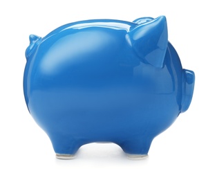 Photo of Blue piggy bank on white background. Money saving