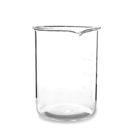 Photo of Empty beaker on white background. Laboratory analysis equipment