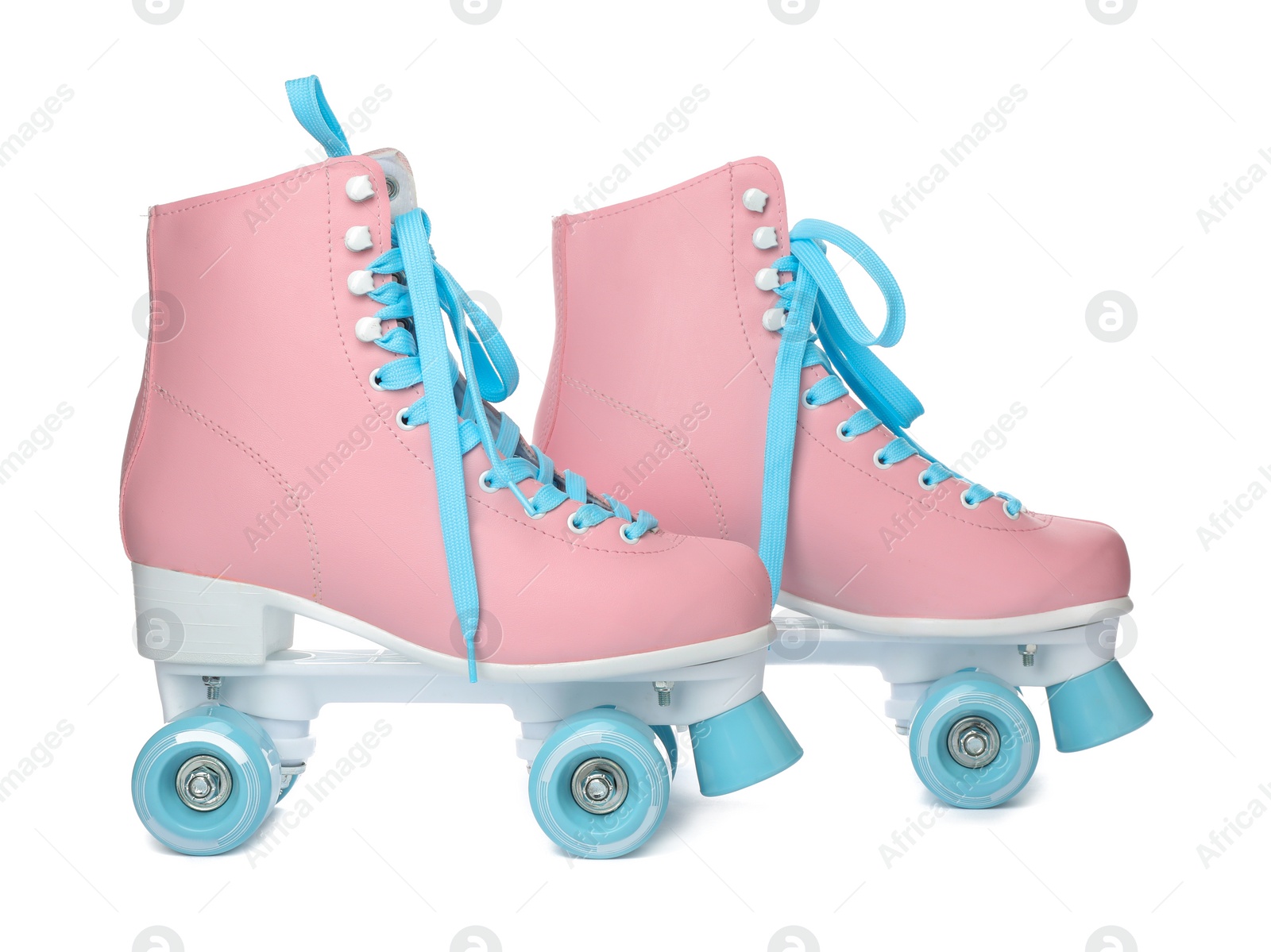 Photo of Pair of bright stylish roller skates on white background