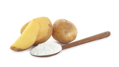 Wooden spoon with starch and fresh potatoes on white background