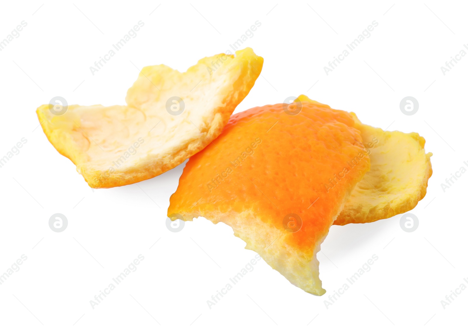 Photo of Three orange fruit peels preparing for drying isolated on white