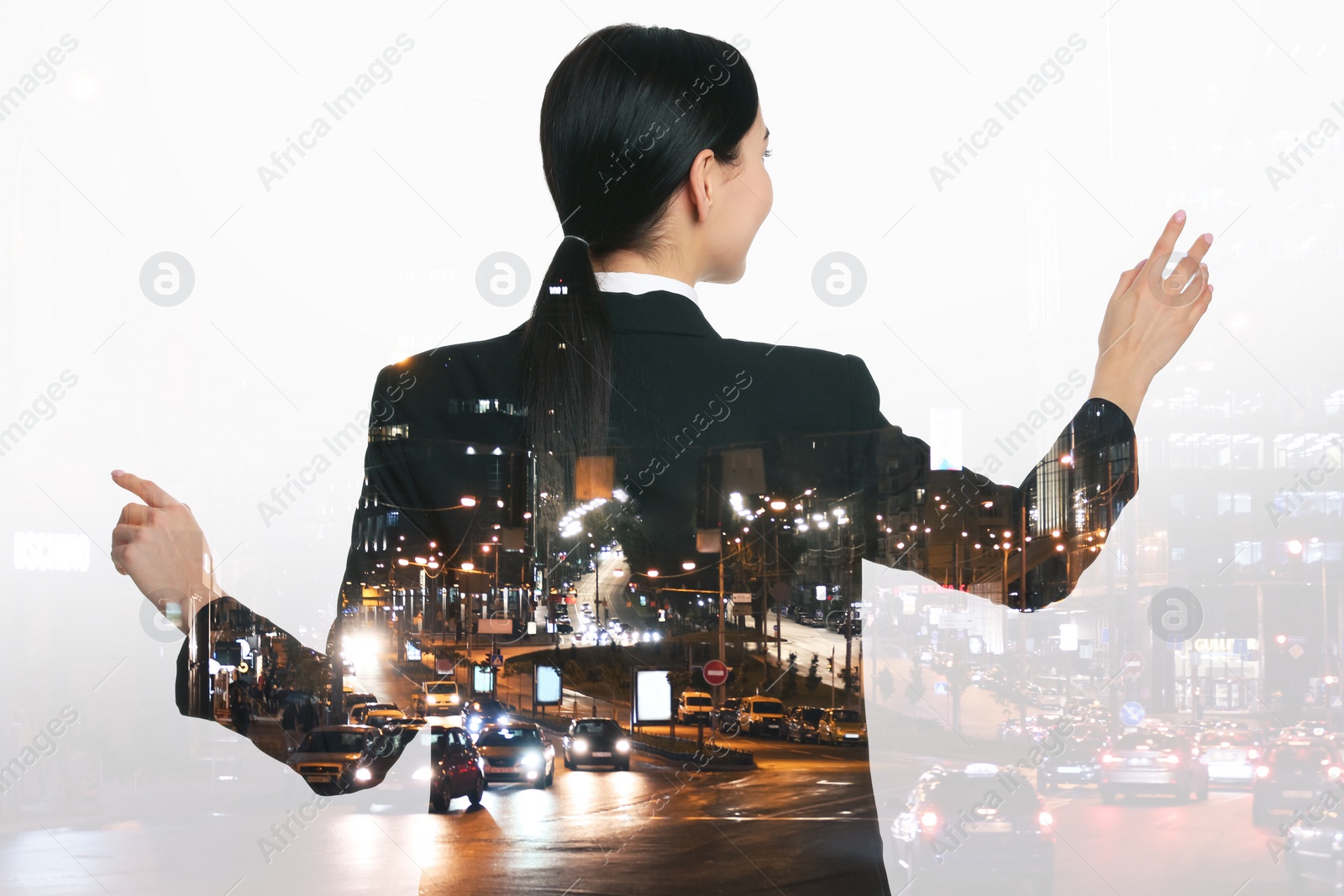 Image of Double exposure of businesswoman and night city landscape