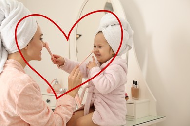 Image of Illustration of red heart and happy mother with little daughter doing makeup at dressing table