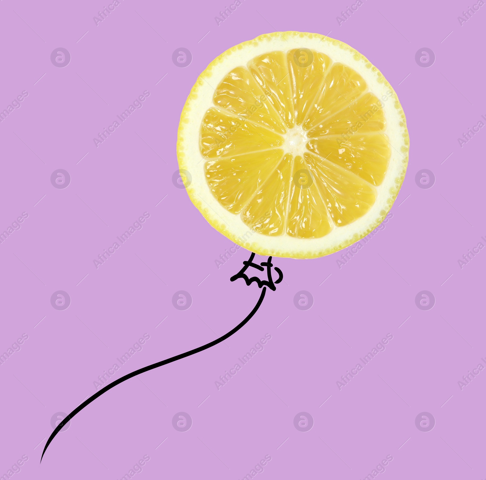 Image of Creative artwork. Slice of lemon as air balloon. Fruit with drawings on pale purple background