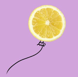 Image of Creative artwork. Slice of lemon as air balloon. Fruit with drawings on pale purple background