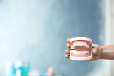 Photo of Dentist holding educational model of oral cavity with teeth in clinic, closeup. Space for text