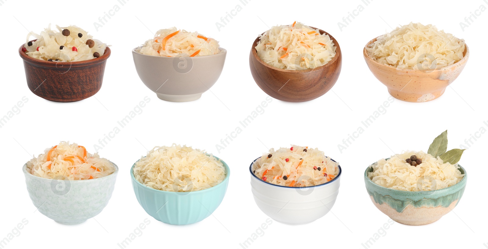 Image of Set with tasty fermented cabbage with carrot on white background. Banner design