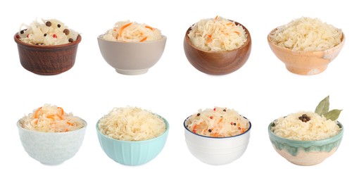 Image of Set with tasty fermented cabbage with carrot on white background. Banner design