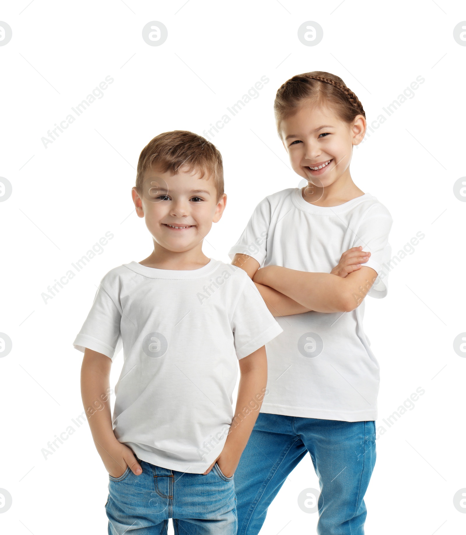 Photo of Little kids in t-shirts on white background. Mockup for design