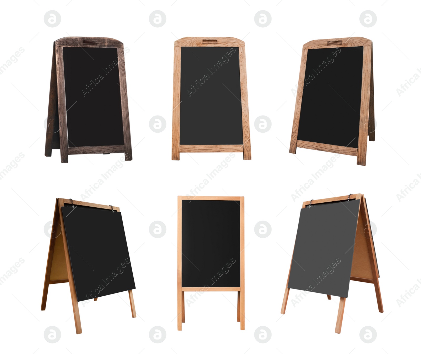 Image of Set with blank advertising A-boards on white background. Mockup for design