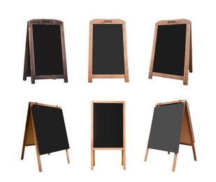 Set with blank advertising A-boards on white background. Mockup for design