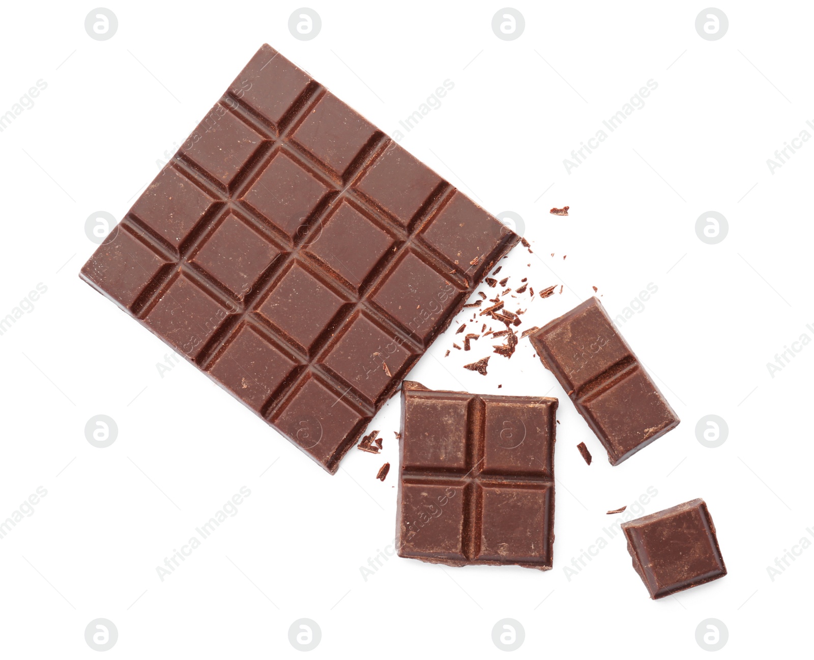 Photo of Delicious black chocolate on white background, top view