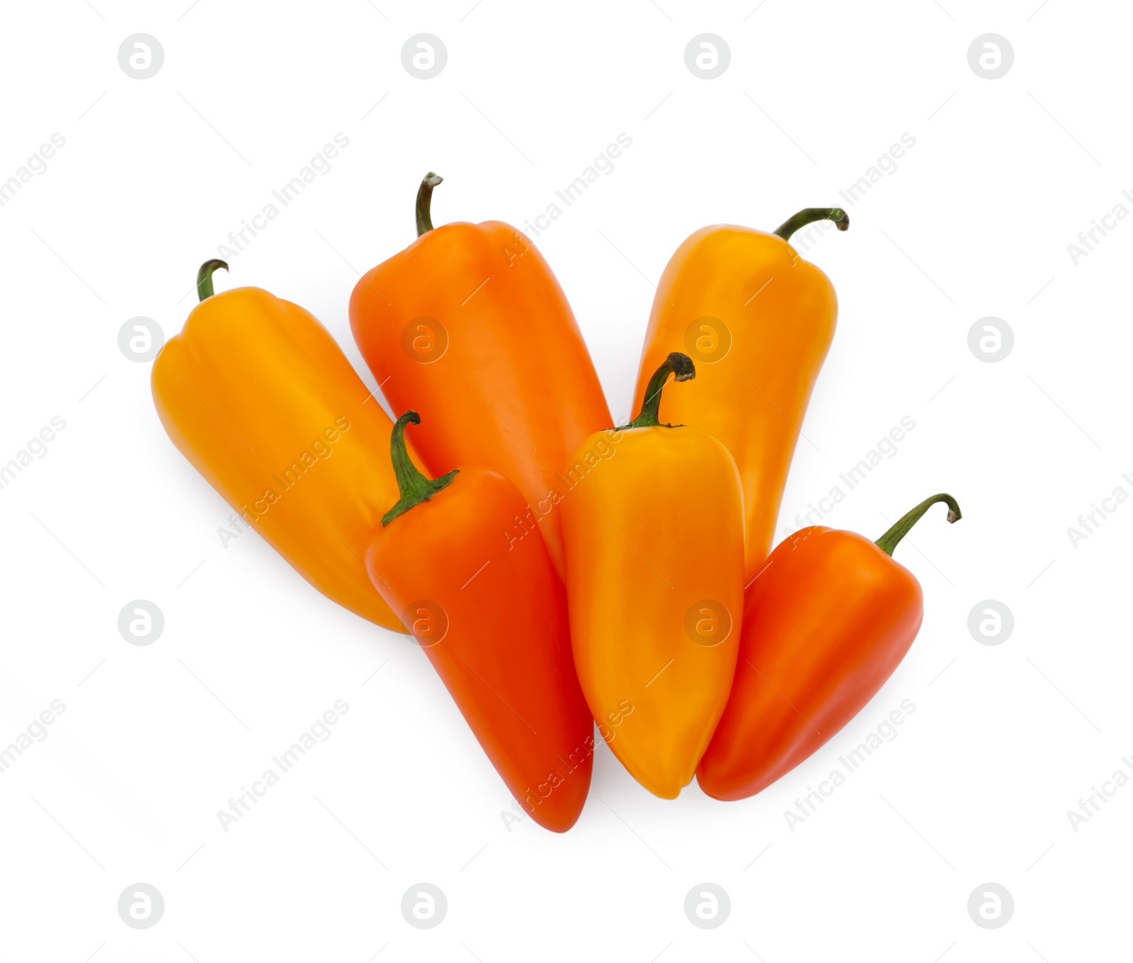 Photo of Fresh raw orange hot chili peppers isolated on white, top view