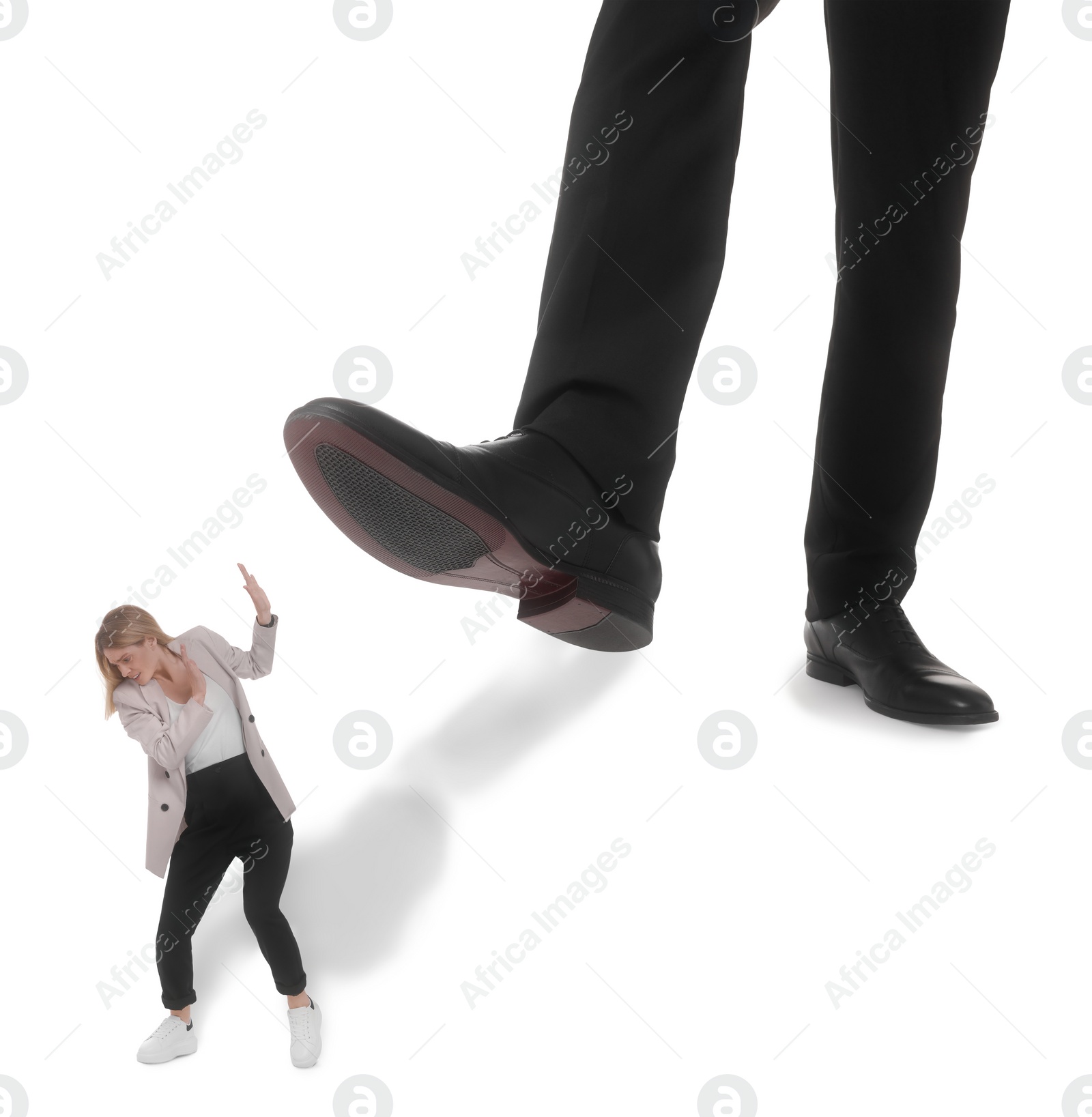 Image of Big man stepping onto small woman on white background