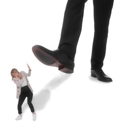 Big man stepping onto small woman on white background