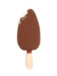 Photo of Bitten ice cream glazed in chocolate on white background, top view
