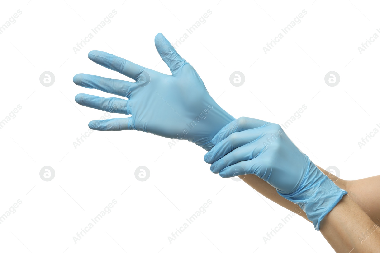 Photo of Doctor wearing light blue medical gloves on white background, closeup