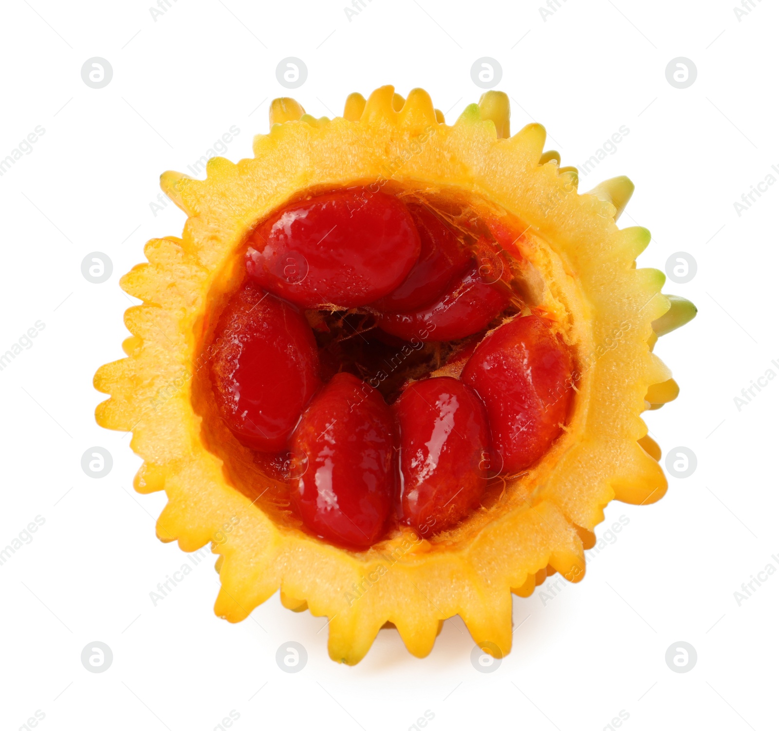 Photo of Cut ripe bitter melon on white background, closeup