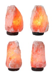 Set with pink Himalayan salt lamps on white background 