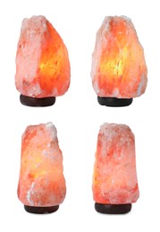 Image of Set with pink Himalayan salt lamps on white background 