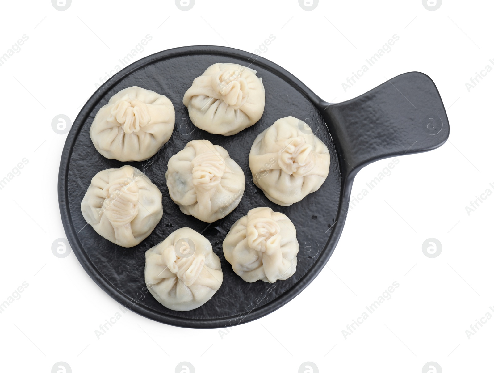 Photo of Serving board with tasty fresh khinkali (dumplings) isolated on white, top view. Georgian cuisine