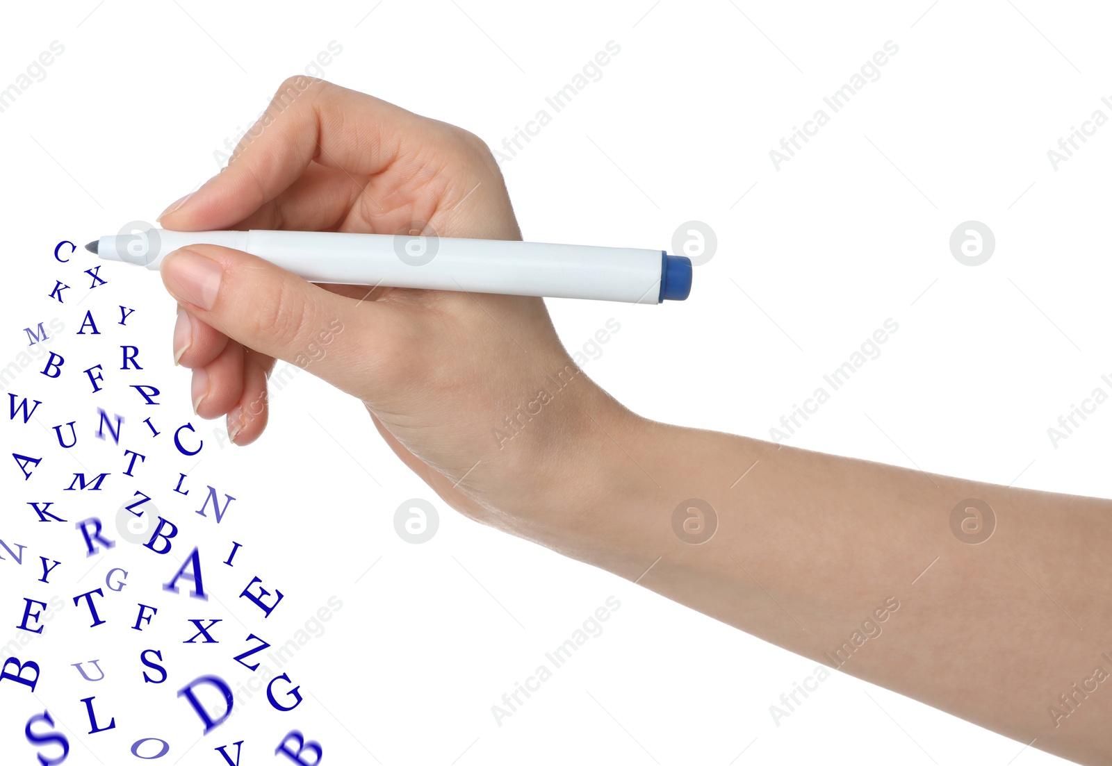 Image of Woman writing letters and they flying away on white background, closeup