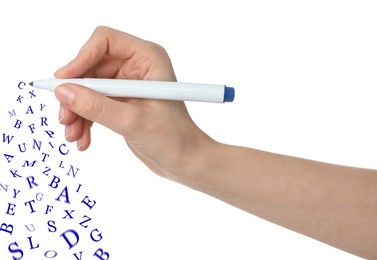 Image of Woman writing letters and they flying away on white background, closeup