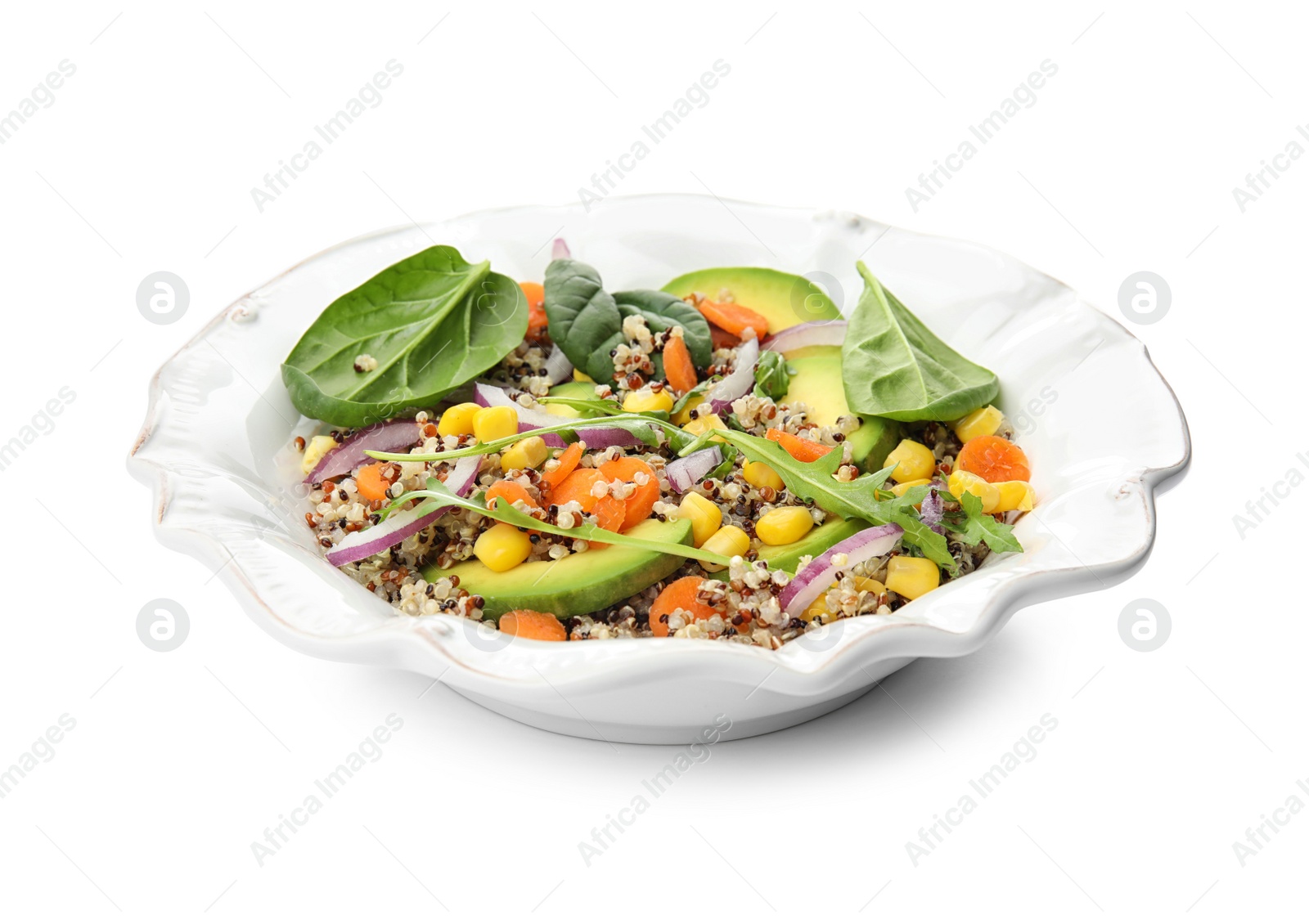 Photo of Plate of healthy quinoa salad with vegetables isolated on white