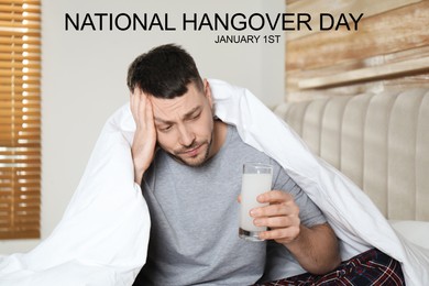 Image of National hangover day - January 1st. Man taking remedy to relieve effects of alcohol consumption at home