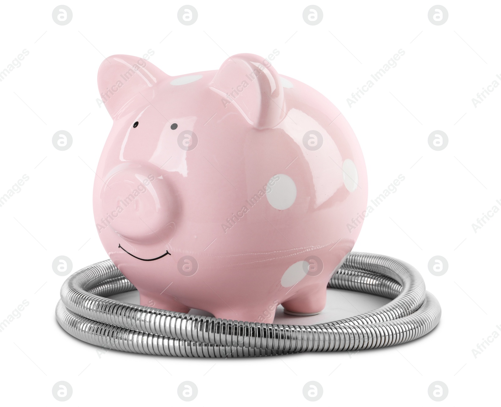 Photo of Water scarcity concept. Piggy bank and shower hose isolated on white