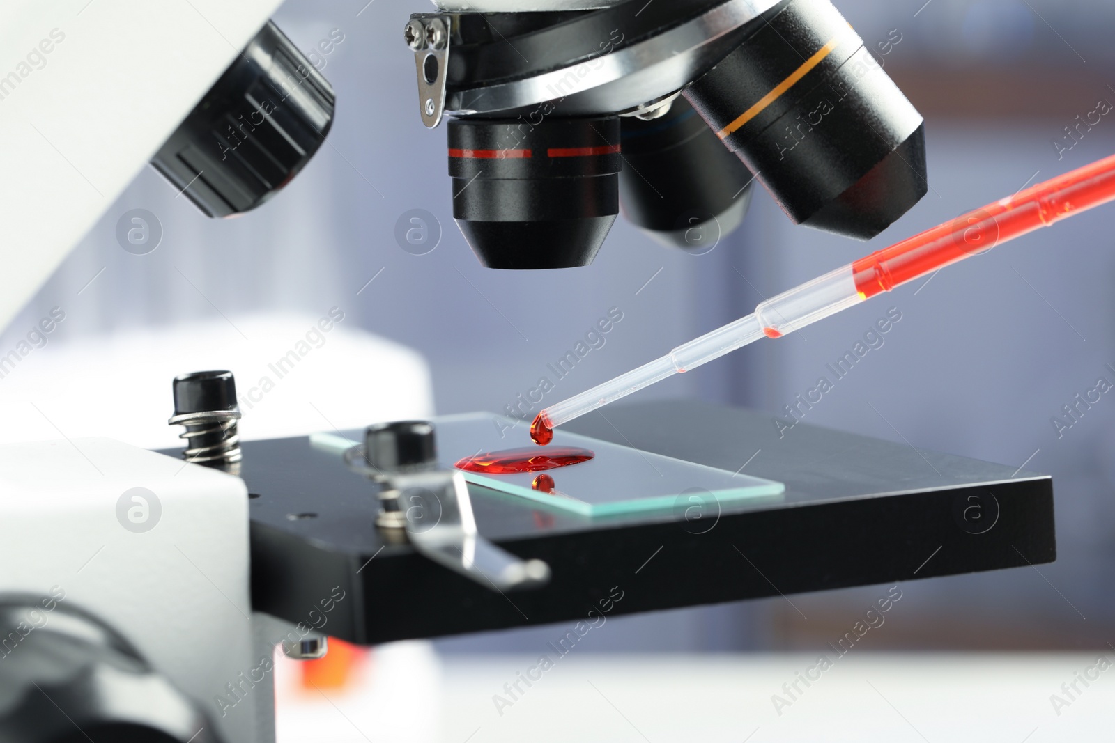 Photo of Dripping sample of red liquid onto slide under microscope in laboratory, closeup