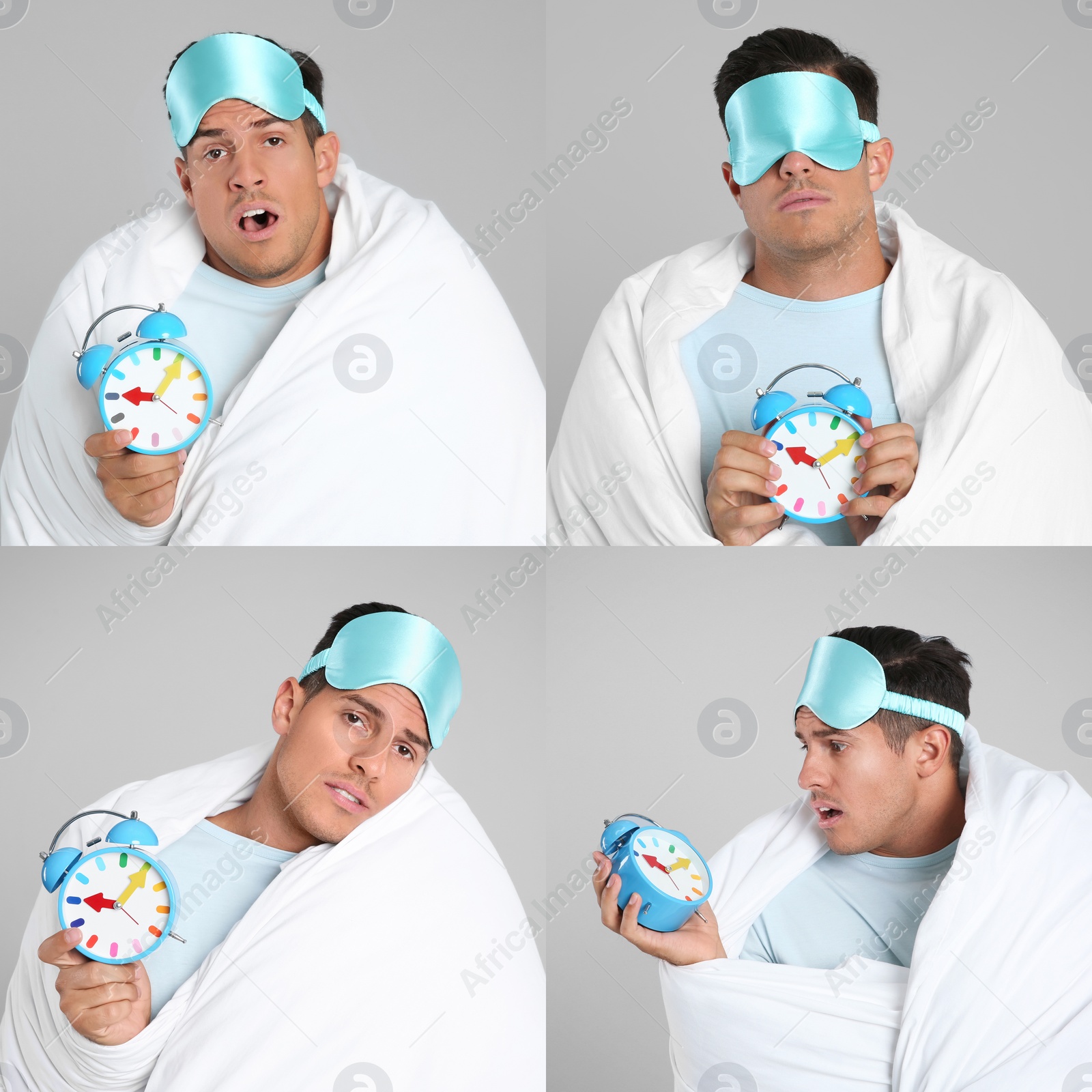 Image of Collage with photos of man wrapped in blanket with alarm clock on light grey background
