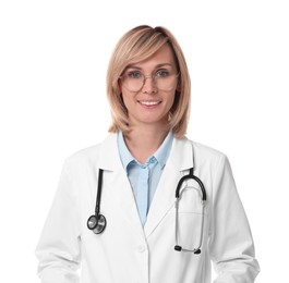 Smiling doctor in uniform on white background