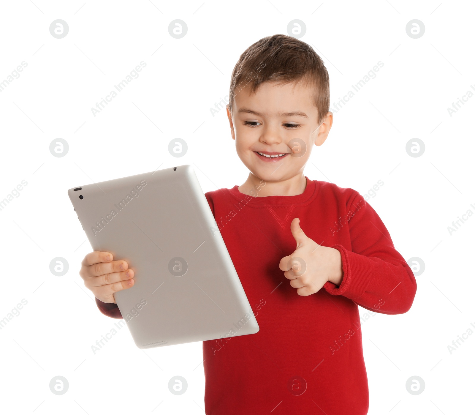 Photo of Little boy using video chat on tablet against white background