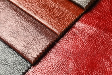 Leather samples of different colors for interior design as background