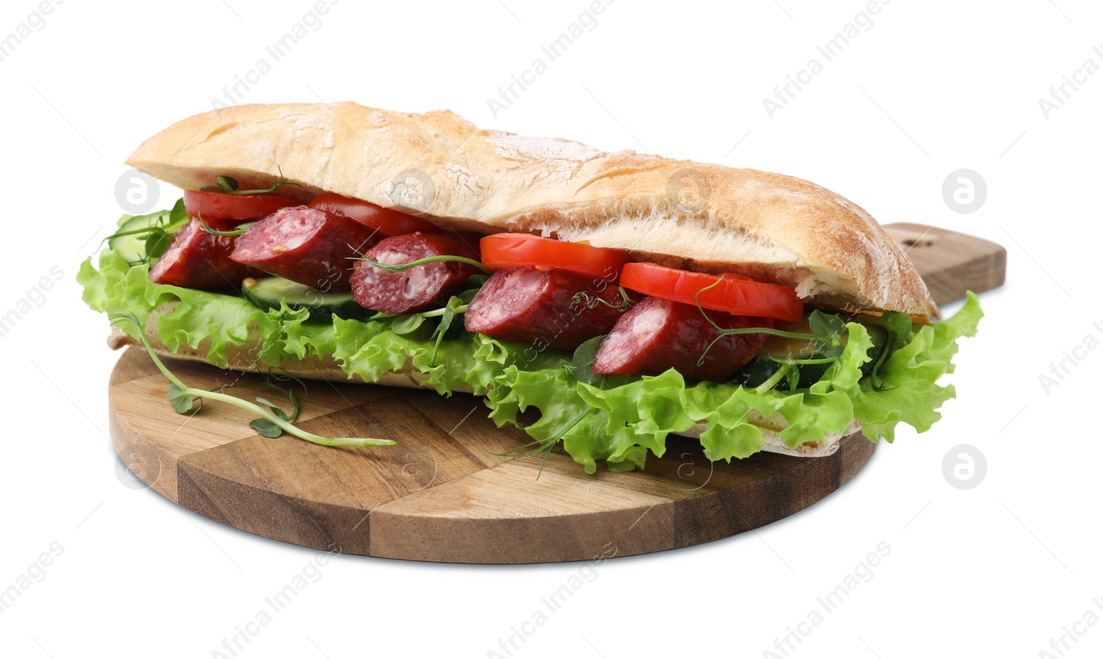 Photo of Delicious sandwich with sausages and vegetables isolated on white