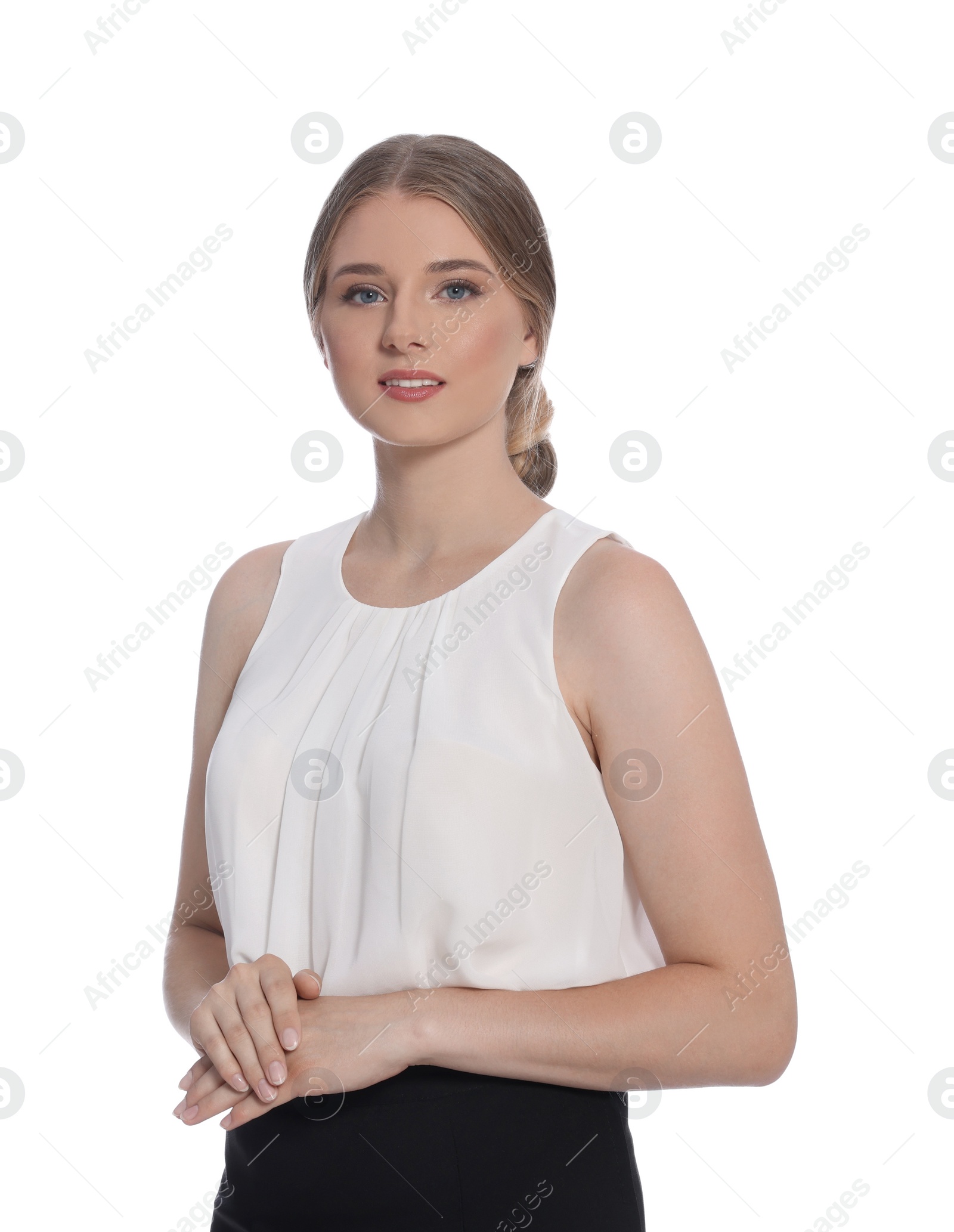 Photo of Portrait of young hostess in uniform on white background