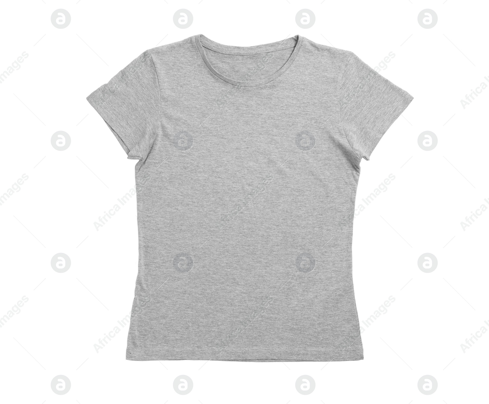 Photo of Stylish gray female T-shirt isolated on white, top view