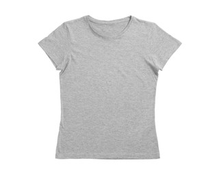 Photo of Stylish gray female T-shirt isolated on white, top view