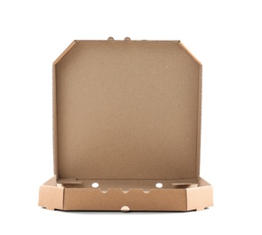 Open cardboard pizza box on white background. Food delivery