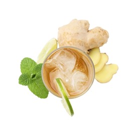 Glass of tasty ginger ale with ice cubes and ingredients isolated on white, top view
