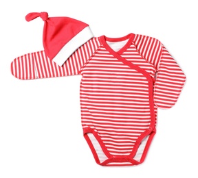 Photo of Hat and striped bodysuit on white background, top view. Christmas baby clothes