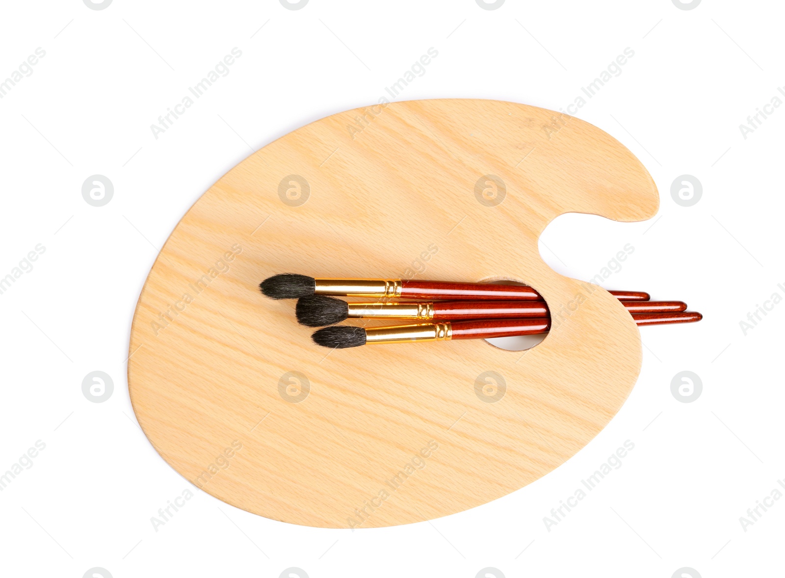 Photo of New wooden paint palette with different brushes on white background, top view