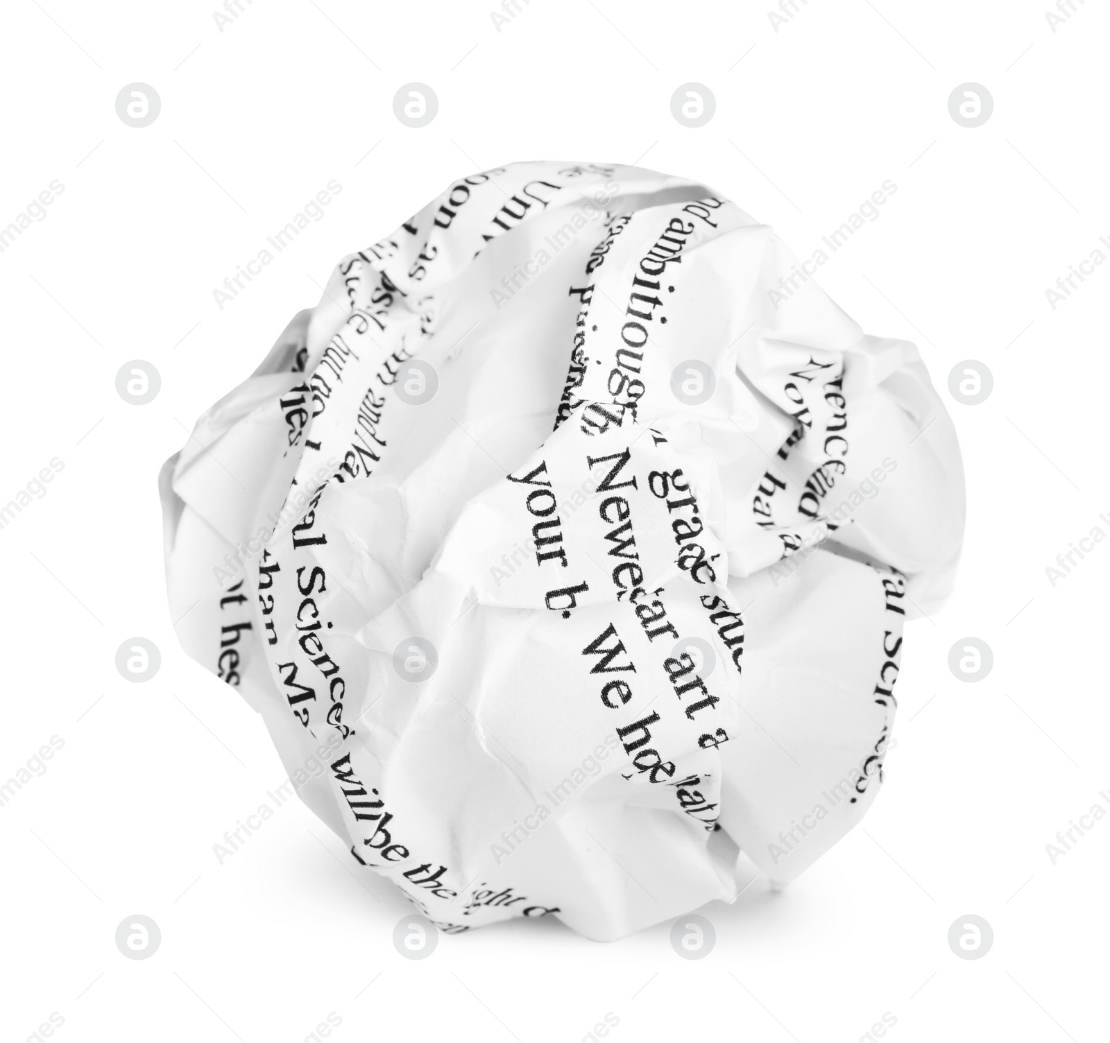 Photo of Crumpled sheet of paper with printed text isolated on white