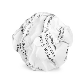 Photo of Crumpled sheet of paper with printed text isolated on white